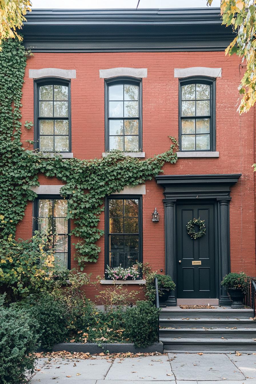 colonial red brick house restaurated facade with vine climbers 2