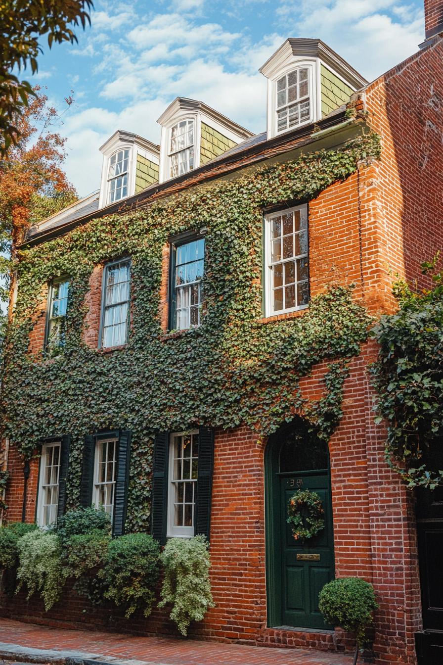 colonial red brick house restaurated facade with vine climbers