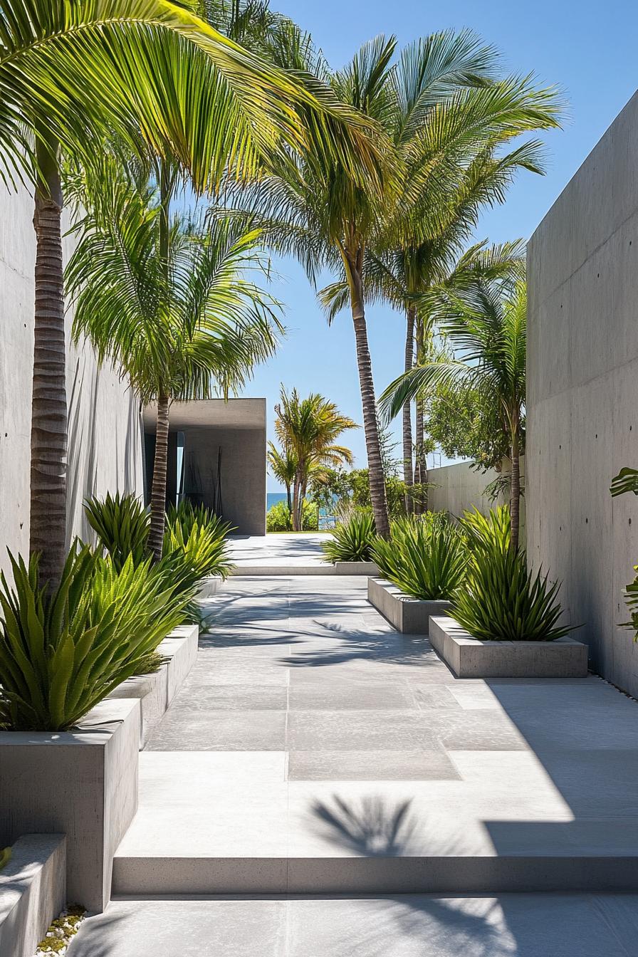 concrete geometric villa courtyard with tall palms 1