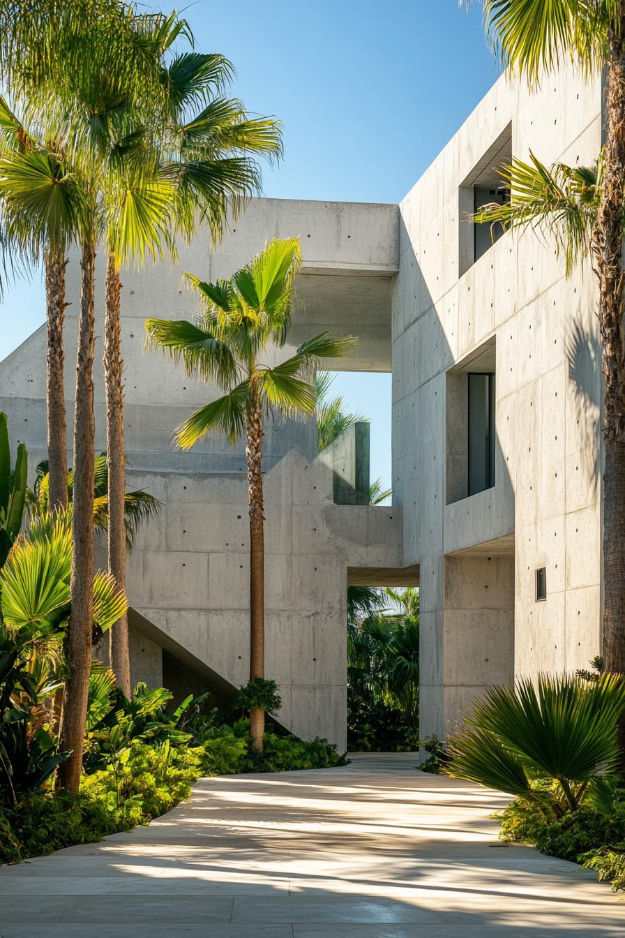 concrete geometric villa courtyard with tall palms 2