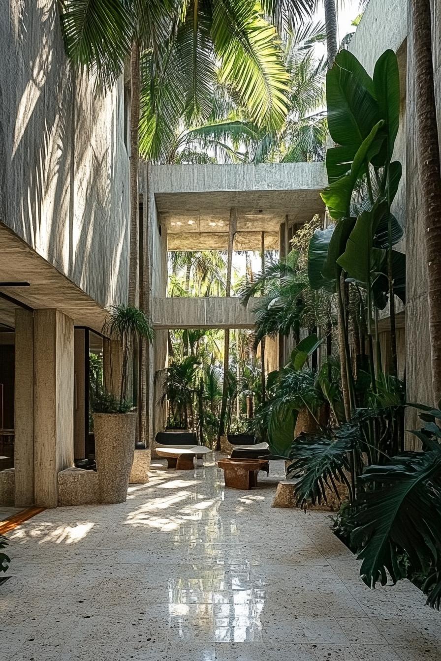 concrete geometric villa courtyard with tall palms 3