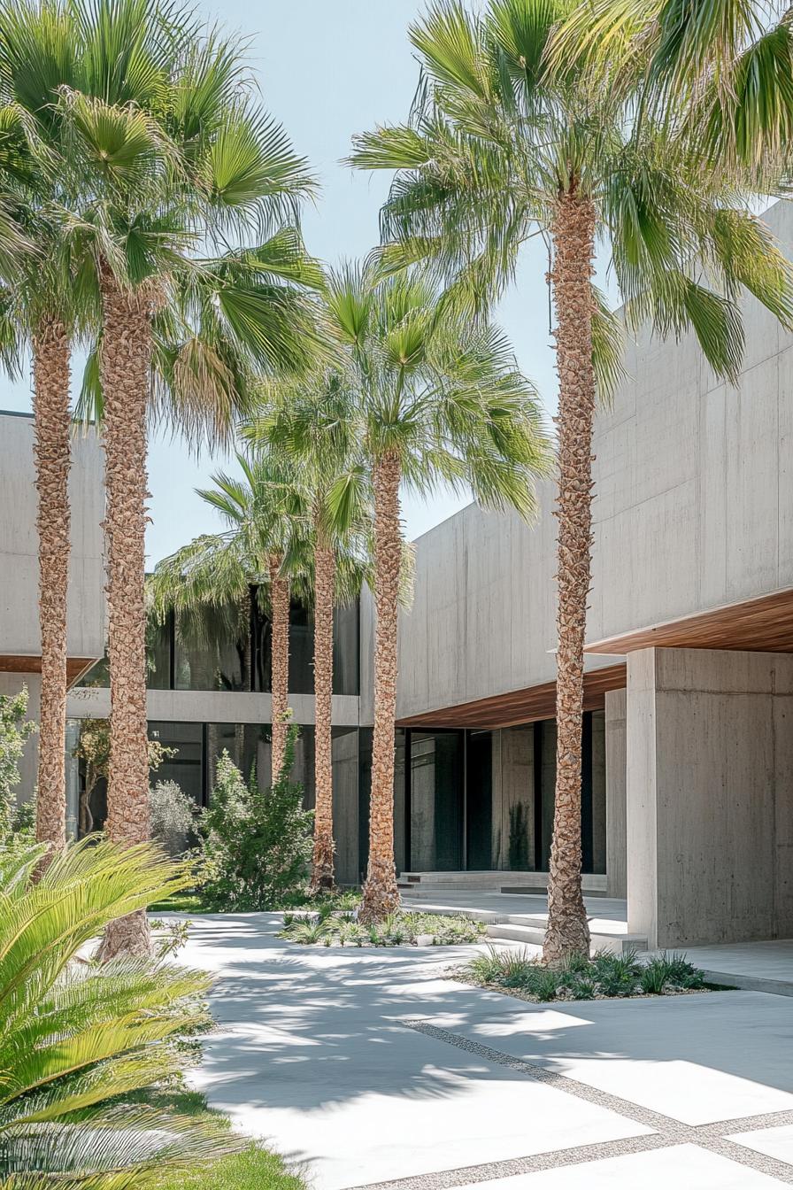 concrete geometric villa courtyard with tall palms