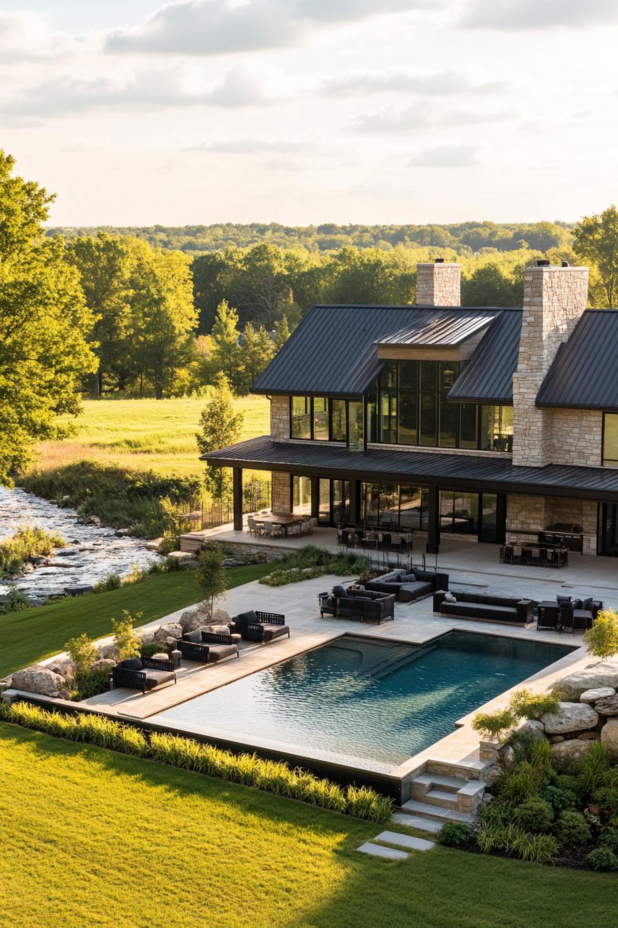 high angle view of modern farmhouse style mansion complex with large yard with pool lounge areas rock river forest in far background