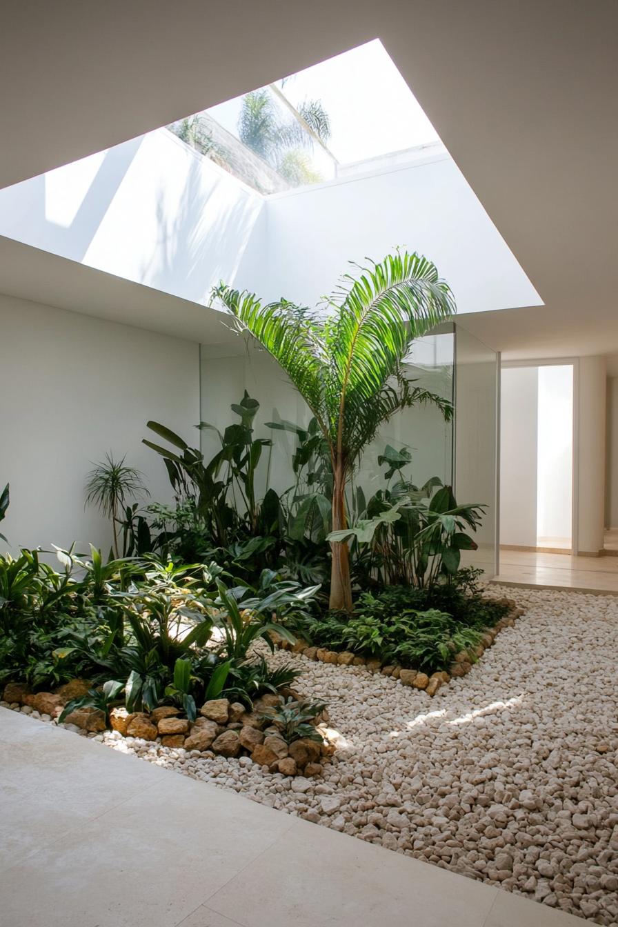 indoor modern white house courtyard with pebbled area with lush plants theres skylight above the planted area 1