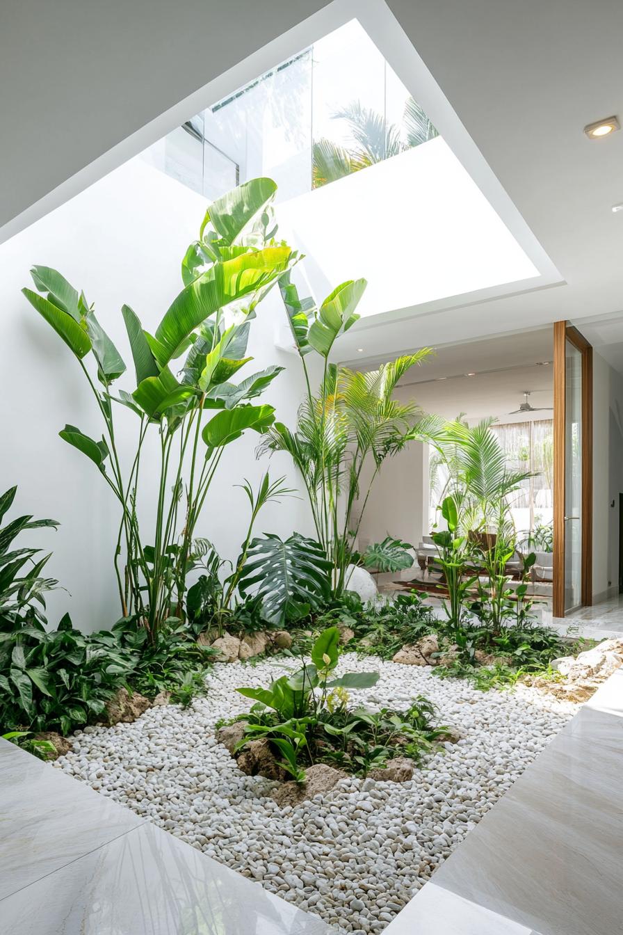 indoor modern white house courtyard with pebbled area with lush plants theres skylight above the planted area