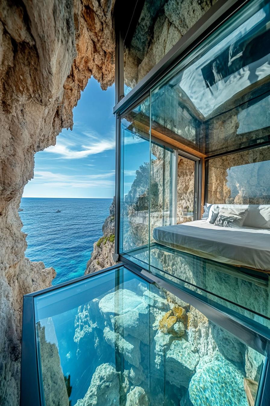 inside a glass cabin on a cliff with glass floor theres a bed and you can see the ocean below through the glass floor 1