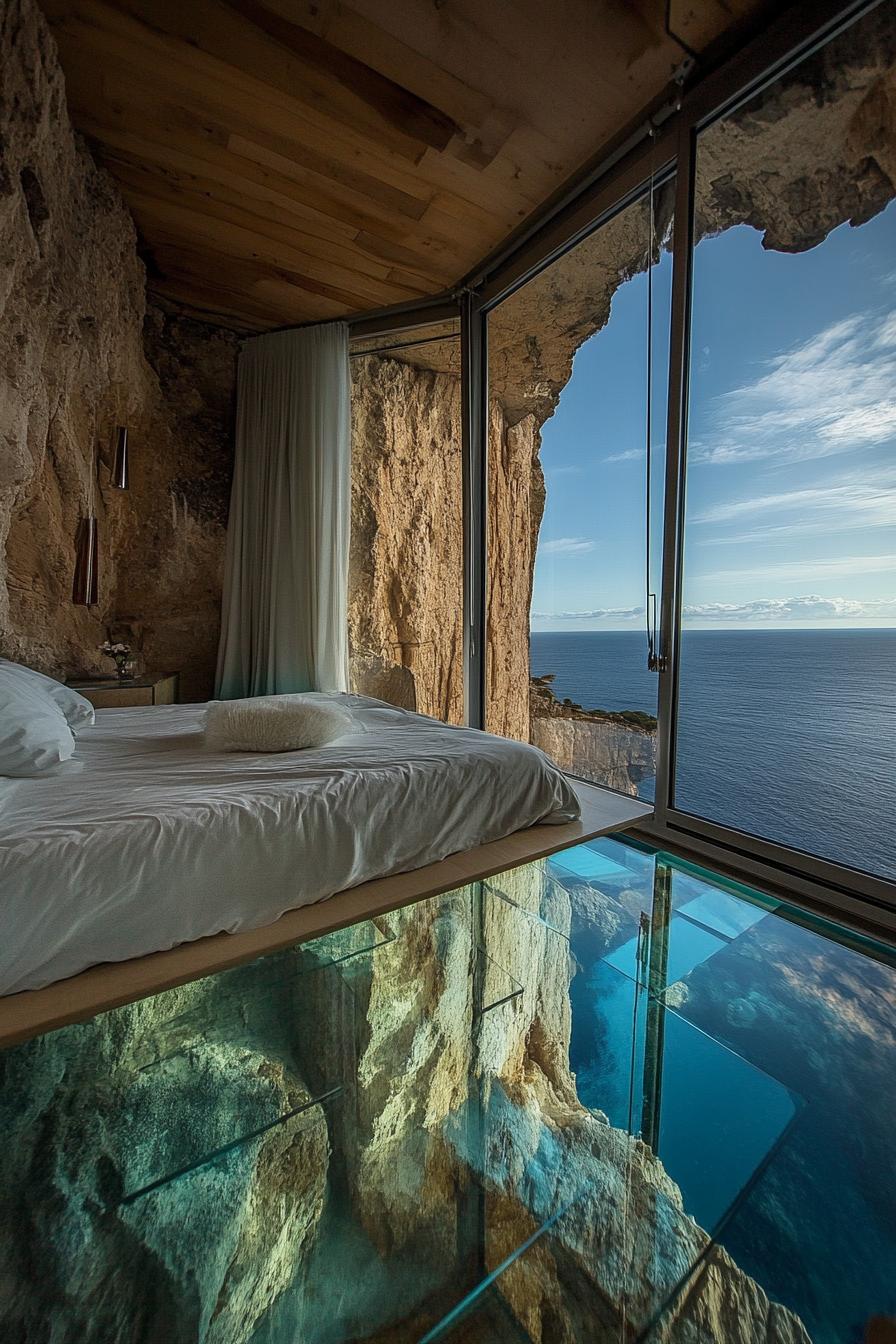 inside a glass cabin on a cliff with glass floor theres a bed and you can see the ocean below through the glass floor 2