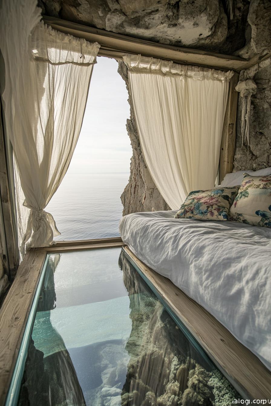 inside a glass cabin on a cliff with glass floor theres a bed and you can see the ocean below through the glass floor