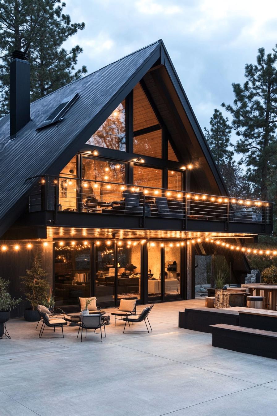 large a frame house with black metal roof balcony with string lights large concrete patio with nice chairs