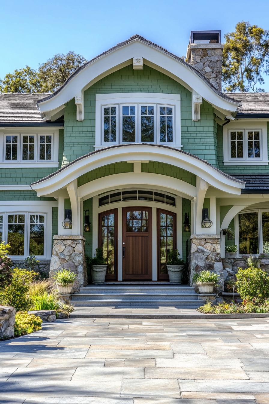 large craftsman style house with pale pastel green siding stone foundations white trim windows arched entry with large door potted plants by front