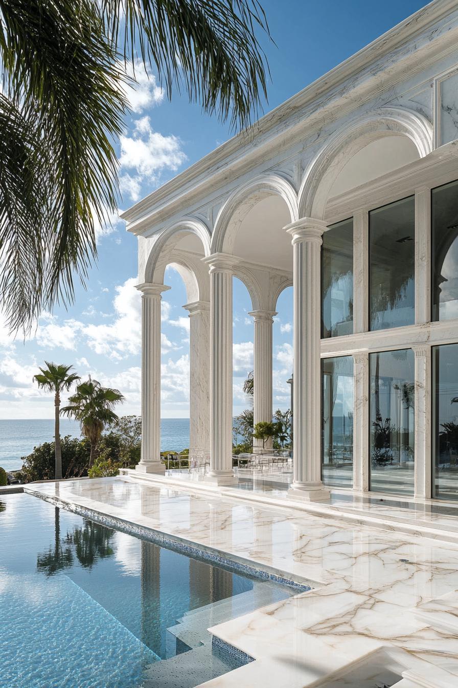 luxury modern marble house with columns and arches large glass windows oceanside landscape 1