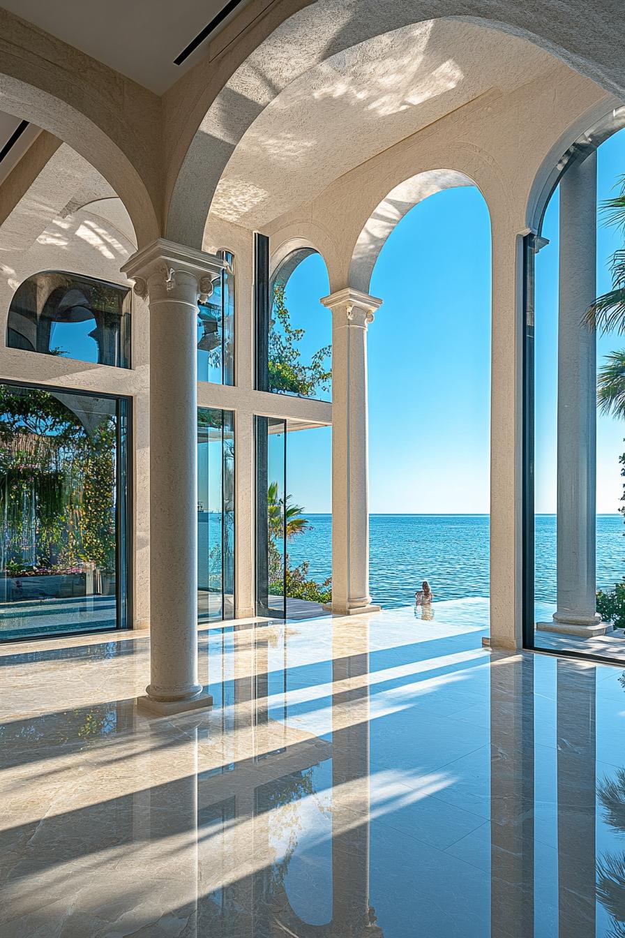 luxury modern marble house with columns and arches large glass windows oceanside landscape