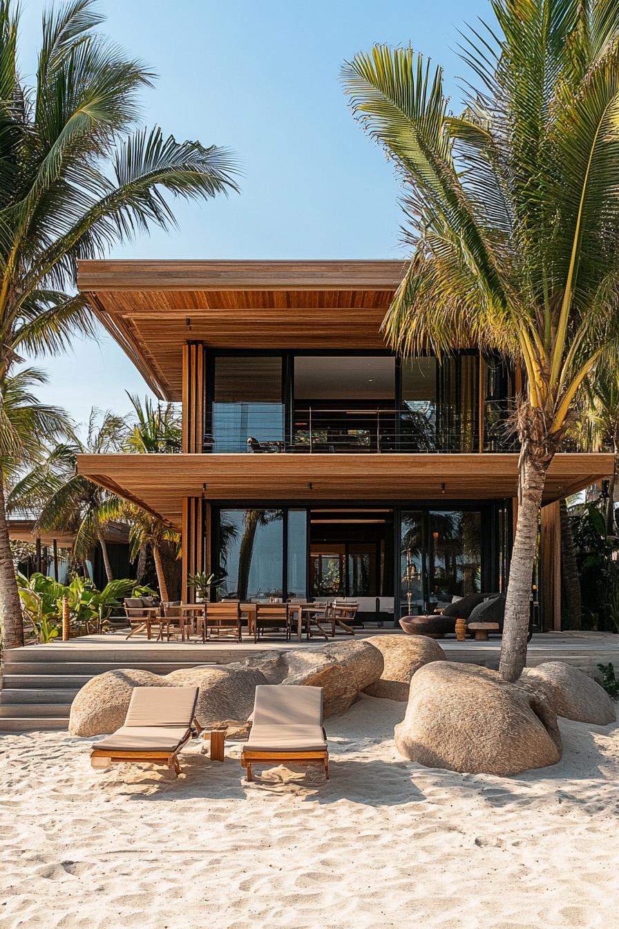 modern beachfront two story house in natural wood with terrace and balcony tall palms and rocks sunbeds on the beach sand