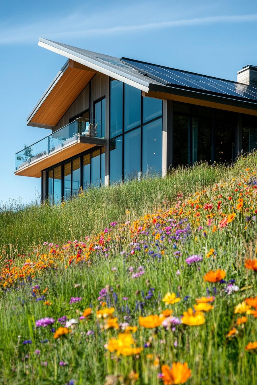 modern hillside house with pitched roof with solar panels large glass windows the hillside has colorful wildflowers