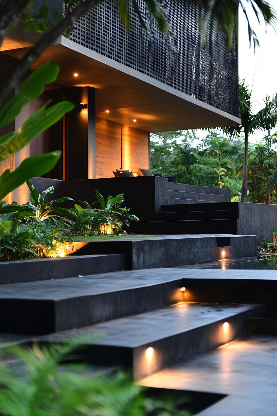 modern house with concrete and black slate facade perforated natural wood accent panels black concrete yard with LED lit steps garden beds lush 1