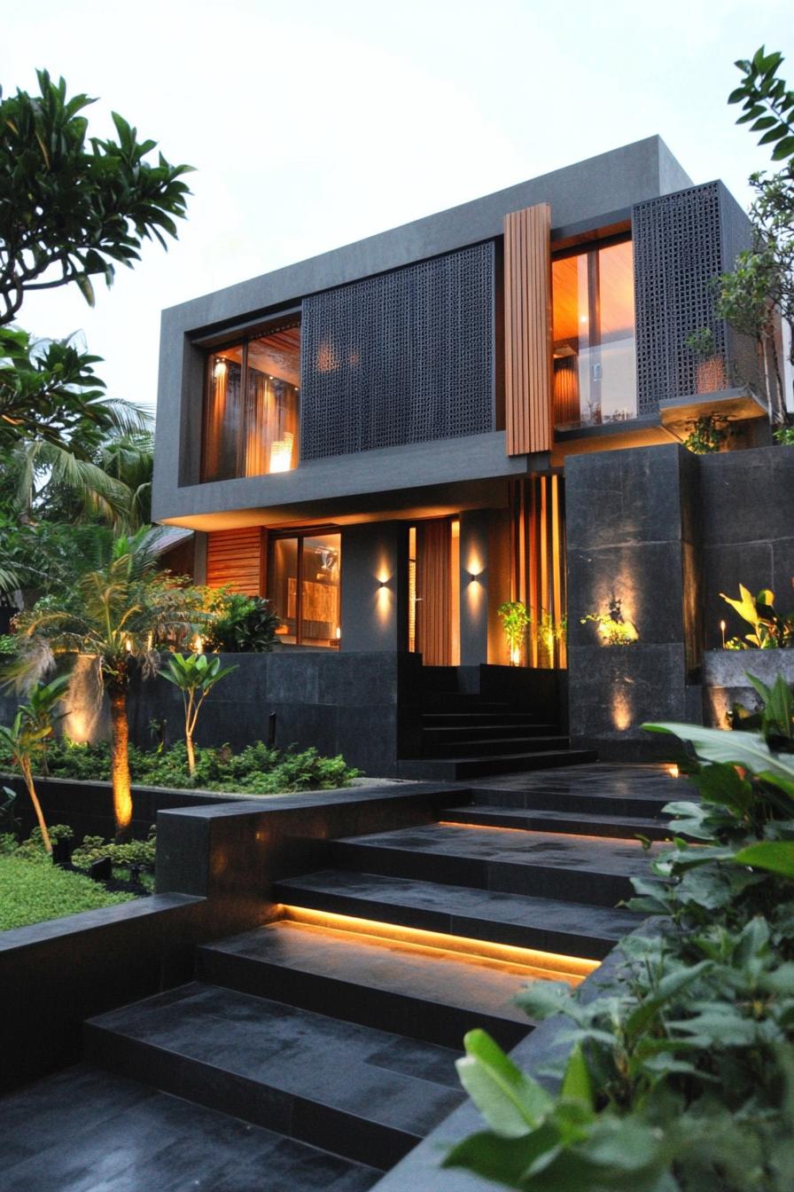 modern house with concrete and black slate facade perforated natural wood accent panels black concrete yard with LED lit steps garden beds lush 2