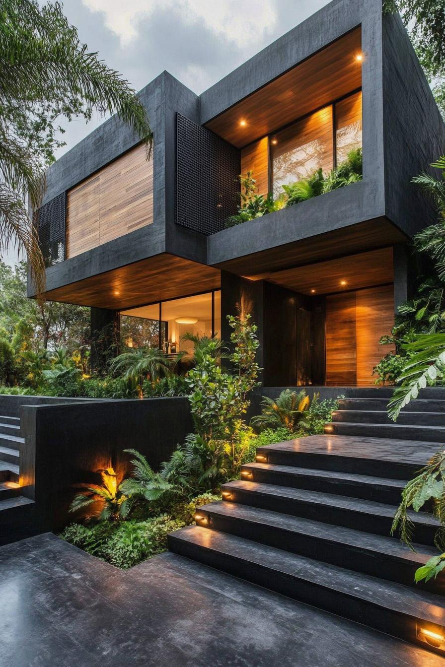 modern house with concrete and black slate facade perforated natural wood accent panels black concrete yard with LED lit steps garden beds lush 3