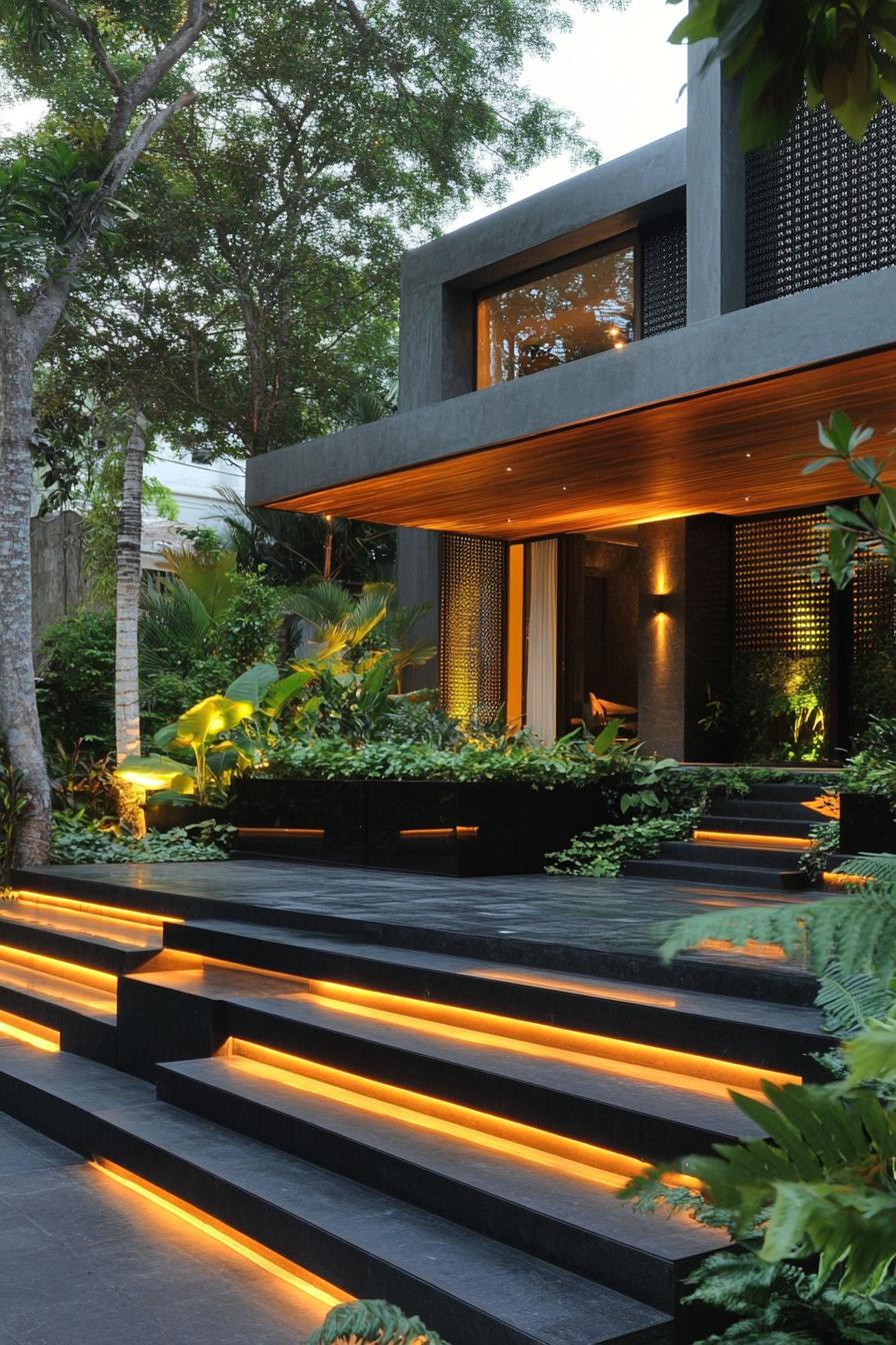 modern house with concrete and black slate facade perforated natural wood accent panels black concrete yard with LED lit steps garden beds lush