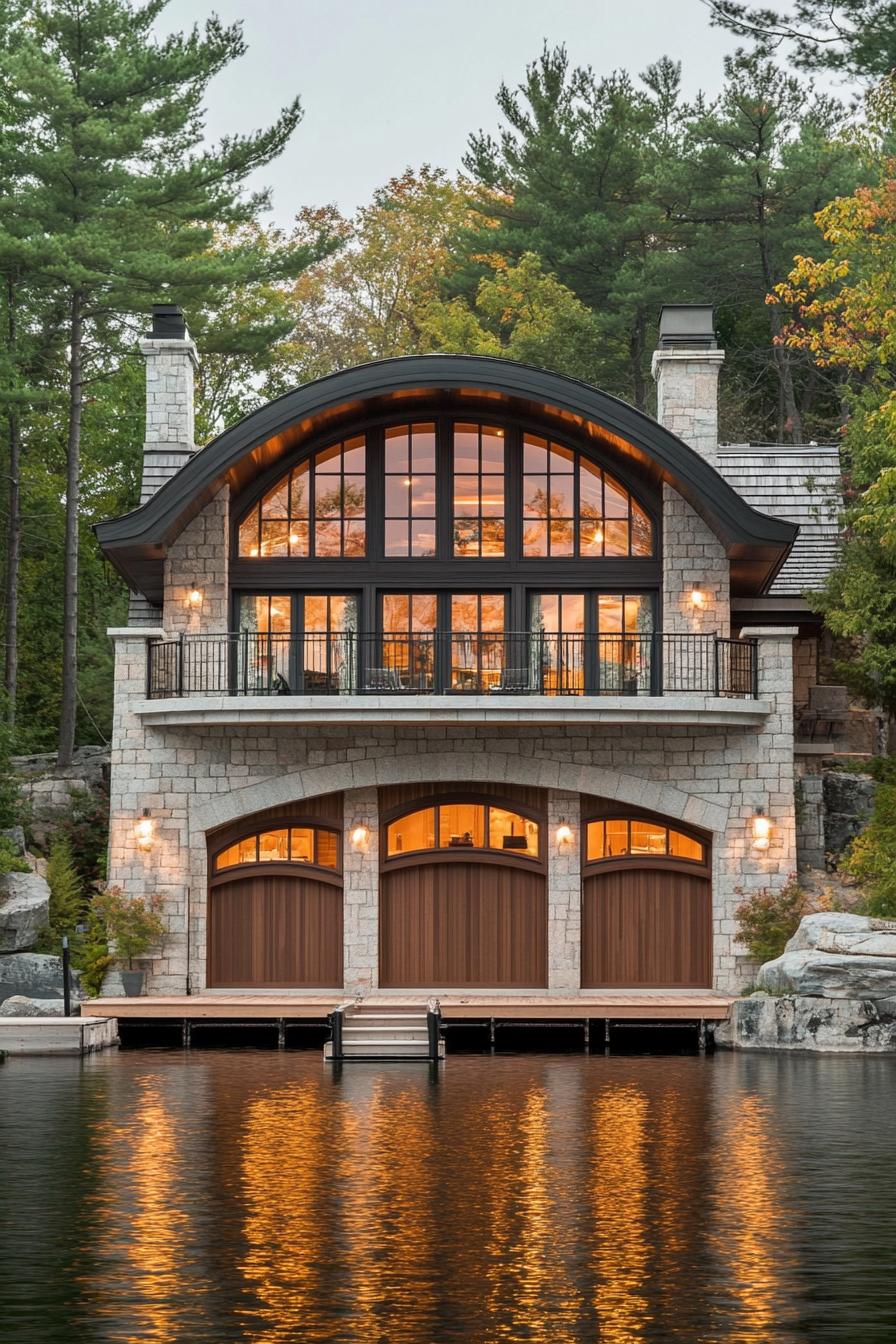 modern lakefront cottage house with boat garages under the house the garage in stone with arched doors for boats on top is a large porch the house 1