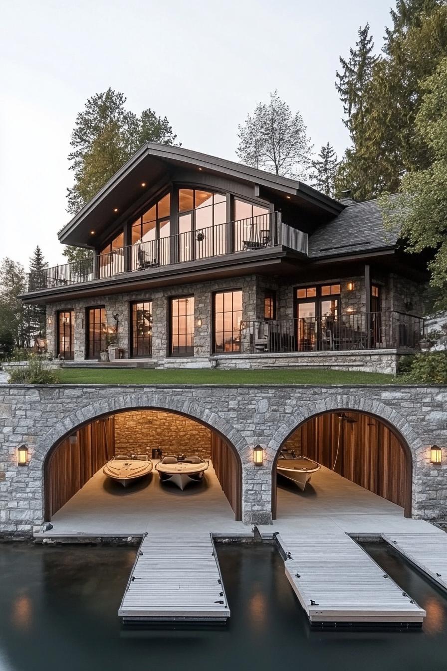 modern lakefront cottage house with boat garages under the house the garage in stone with arched doors for boats on top is a large porch the house 2