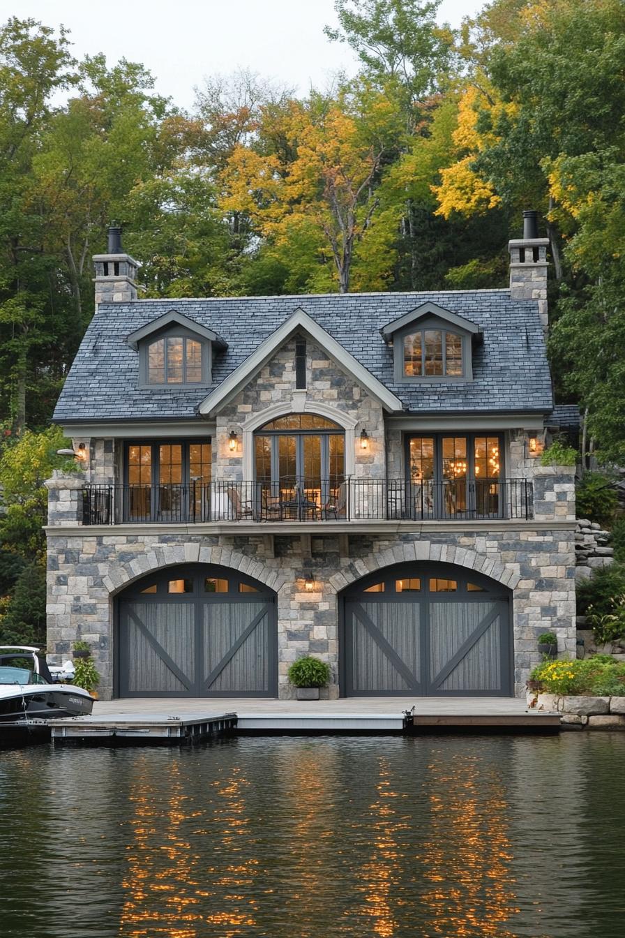 modern lakefront cottage house with boat garages under the house the garage in stone with arched doors for boats on top is a large porch the house 3