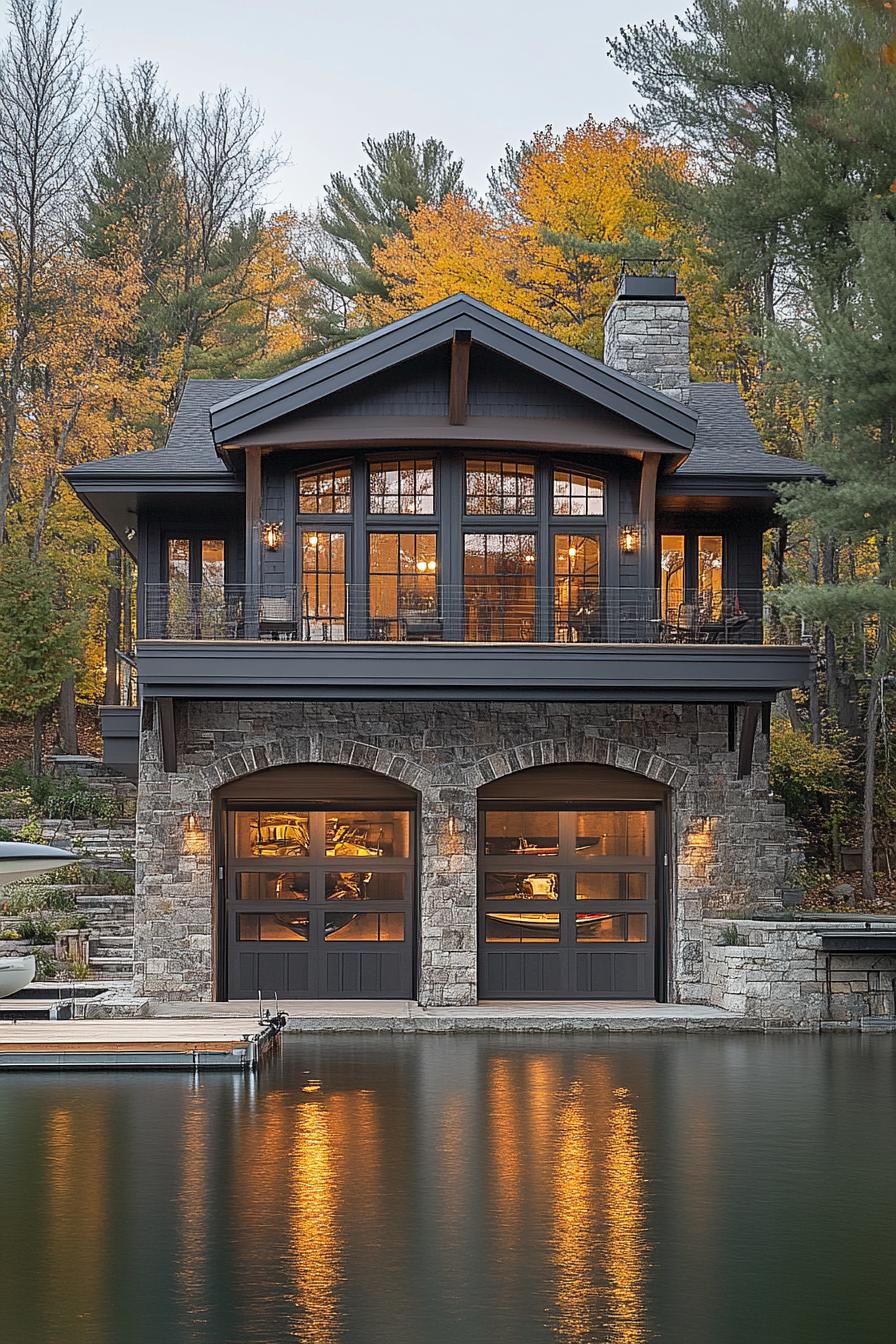 modern lakefront cottage house with boat garages under the house the garage in stone with arched doors for boats on top is a large porch the house