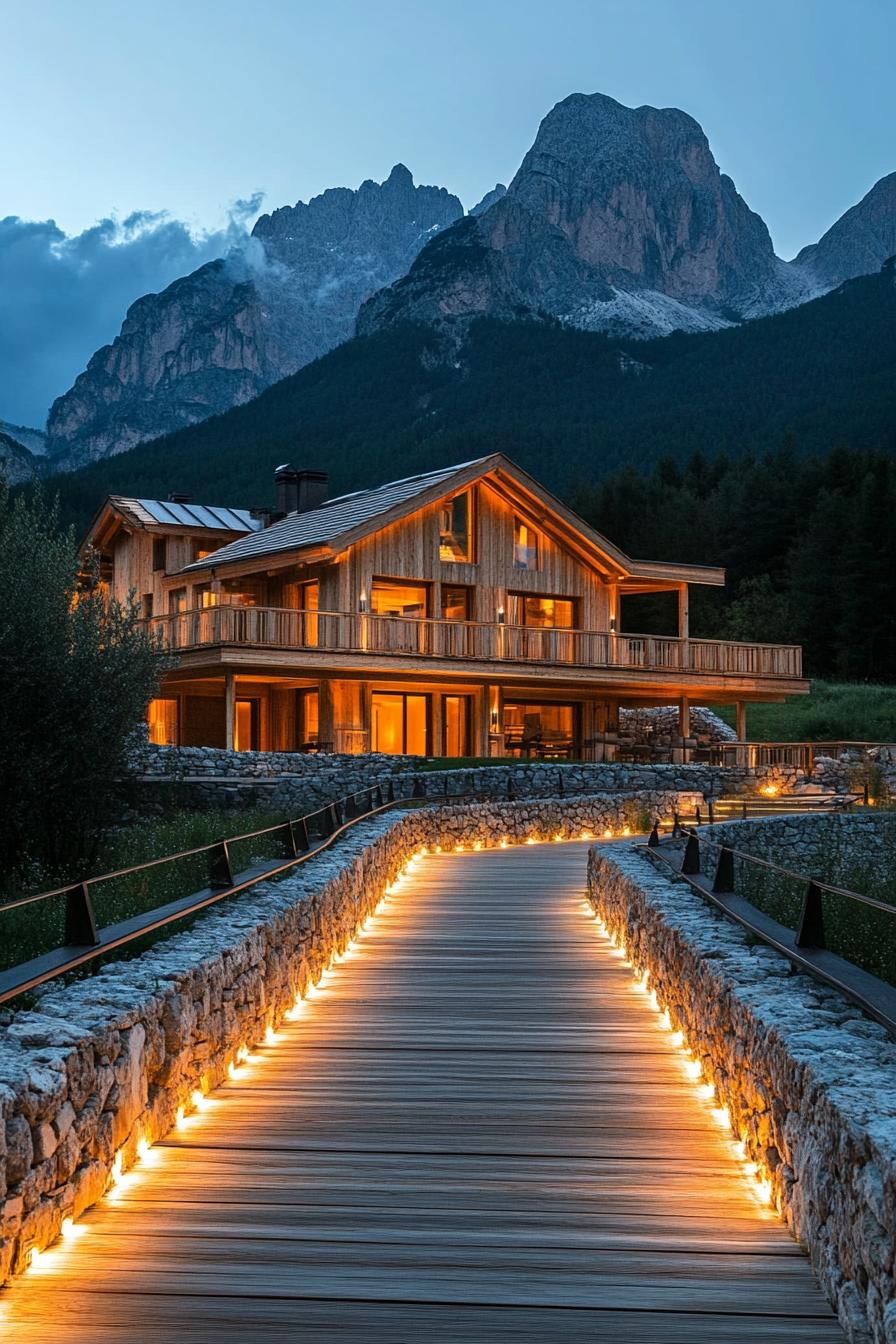 modern mountain wooden mansion with a LED lit wooden path bordered with natural stone fencing imposing mountain in the background