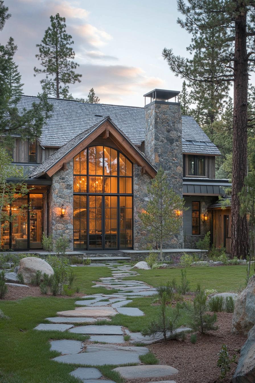 modern rustic cottage house with stone facade wood stain trim large modern windows with wood trim arched courtyard multi pitched shingle roof with