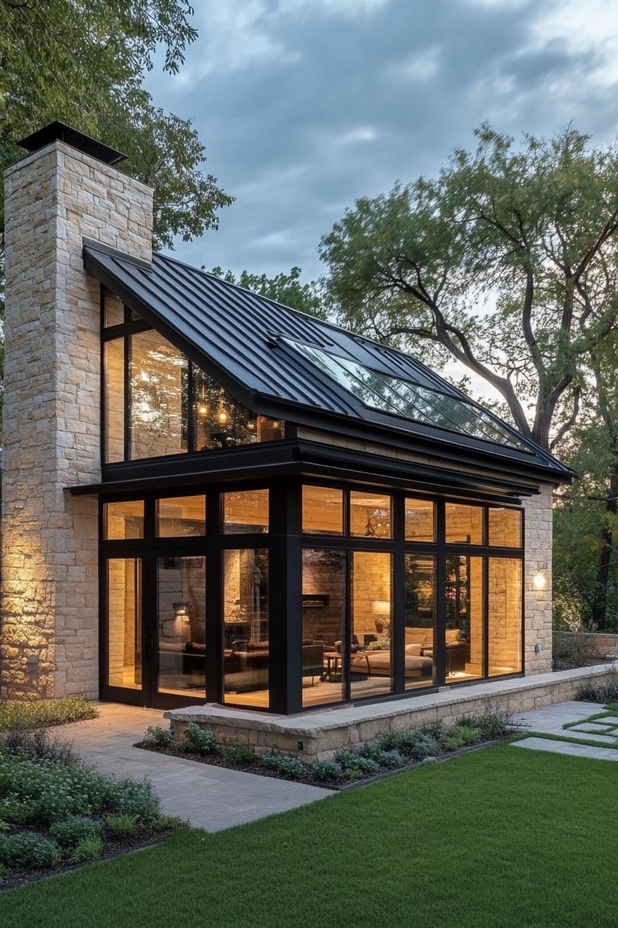 modern small cottage house with natural stone siding black slate roof large windows paved yard neat lawn 1