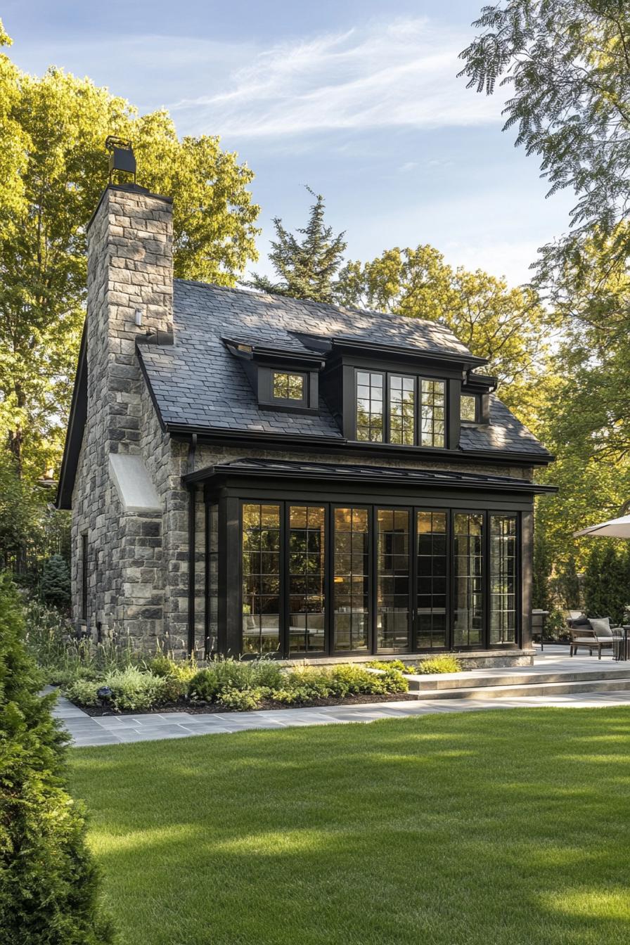 modern small cottage house with natural stone siding black slate roof large windows paved yard neat lawn