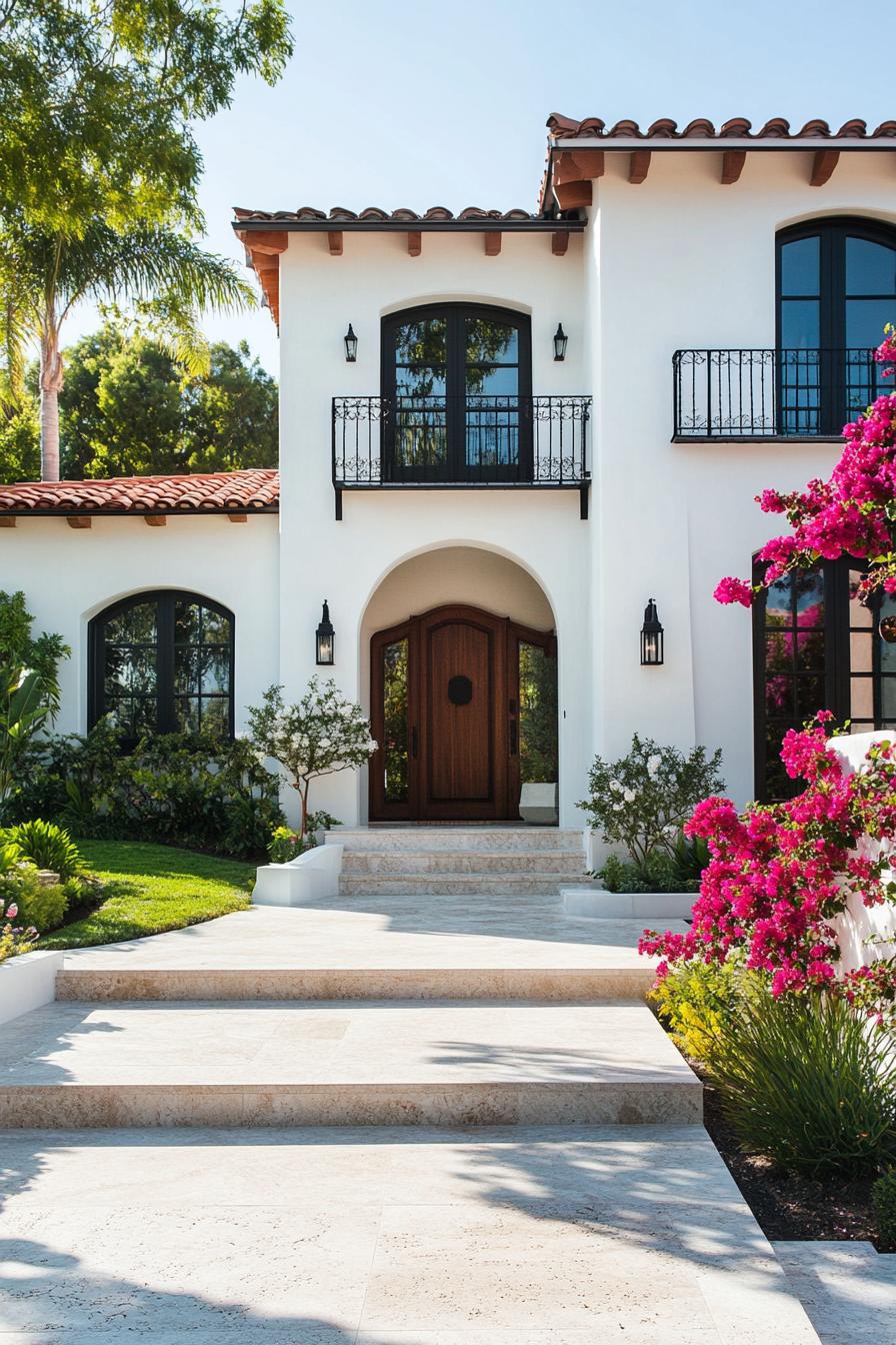 modern spanish mediterranean house in white stucco siding yard with steps marble tiles colorful landscaping with hydrangeas and bougainvillea vines 1