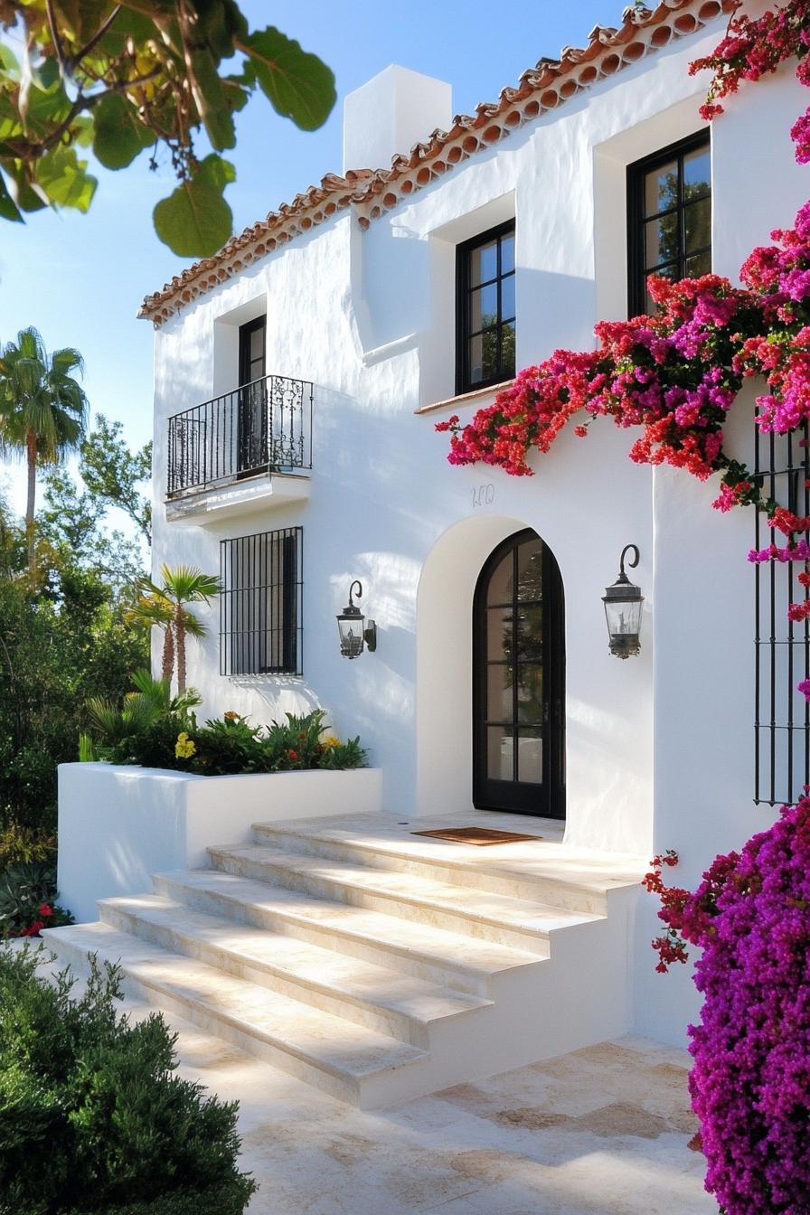 modern spanish mediterranean house in white stucco siding yard with steps marble tiles colorful landscaping with hydrangeas and bougainvillea vines