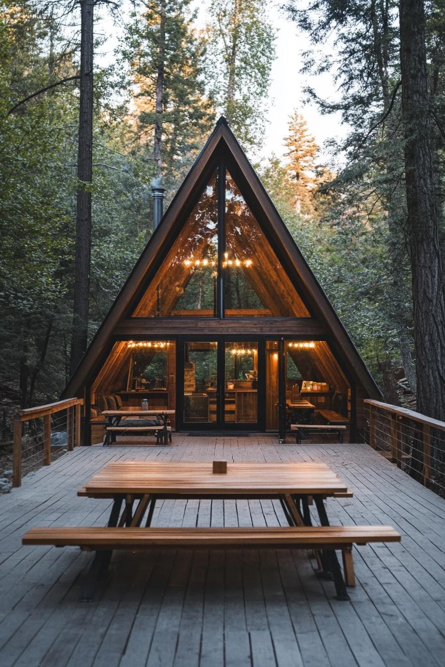 modern tiny a frame forest cabin on a large deck with benches built into the railings dining table with benches in the front 1