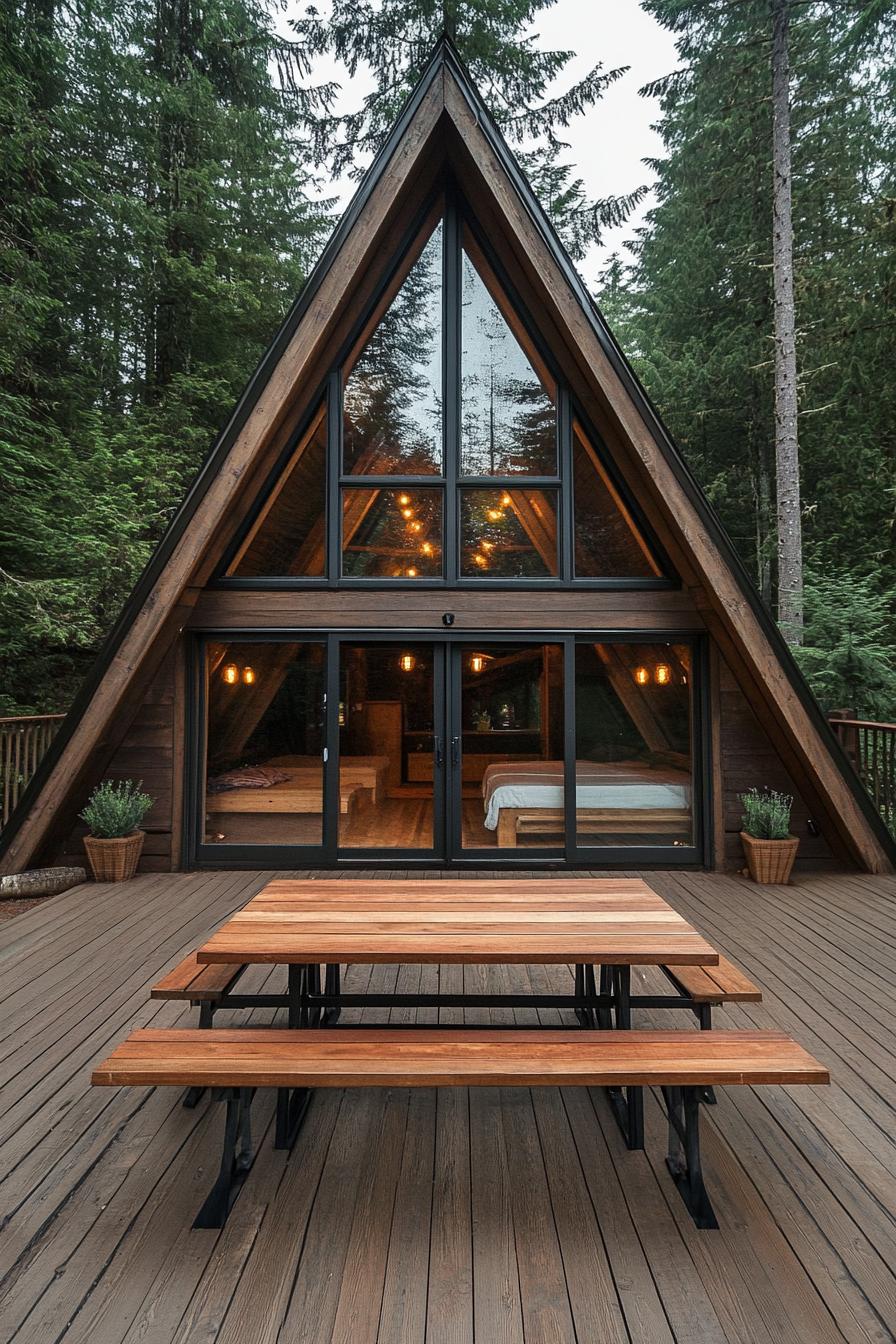 modern tiny a frame forest cabin on a large deck with benches built into the railings dining table with benches in the front 2