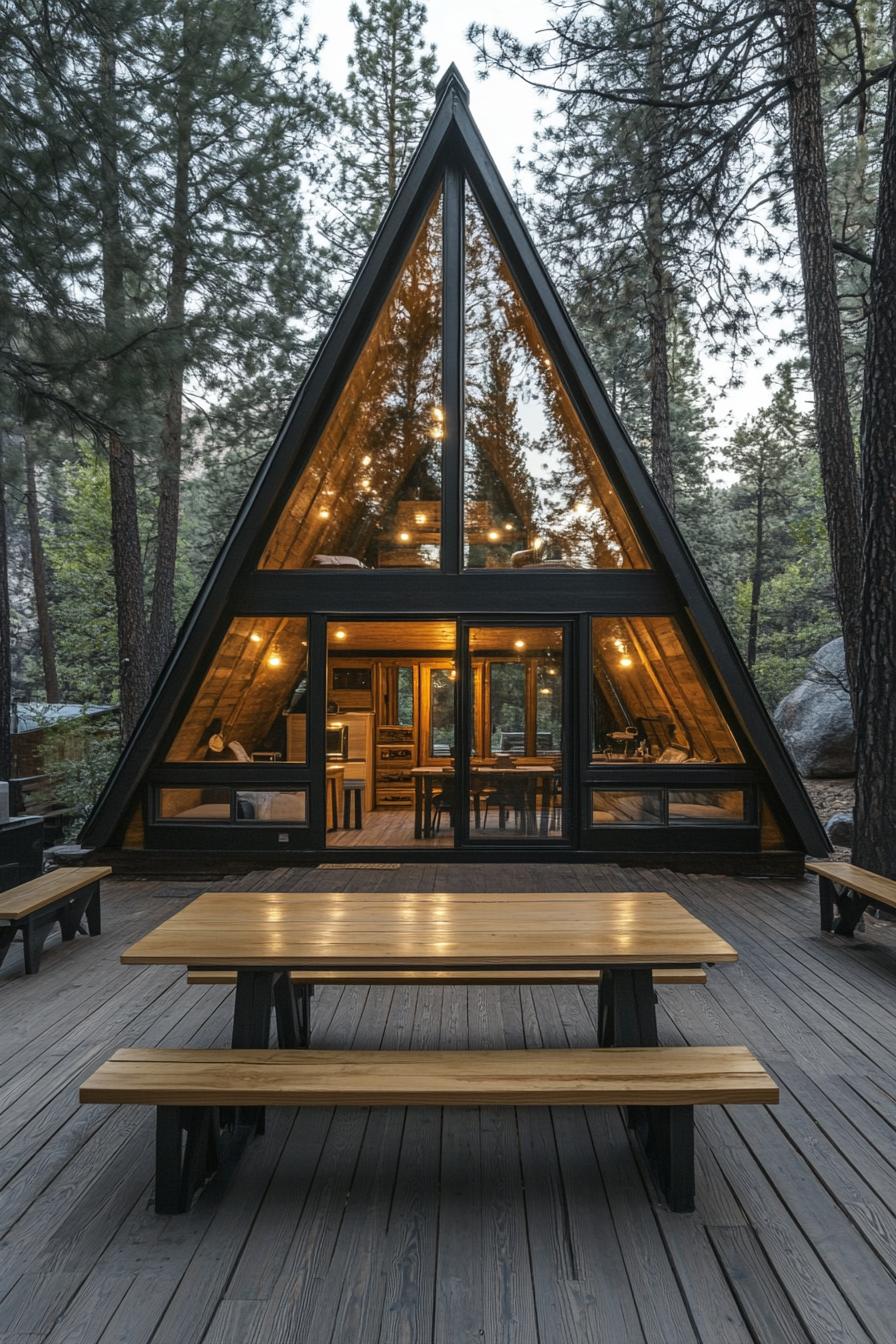 modern tiny a frame forest cabin on a large deck with benches built into the railings dining table with benches in the front