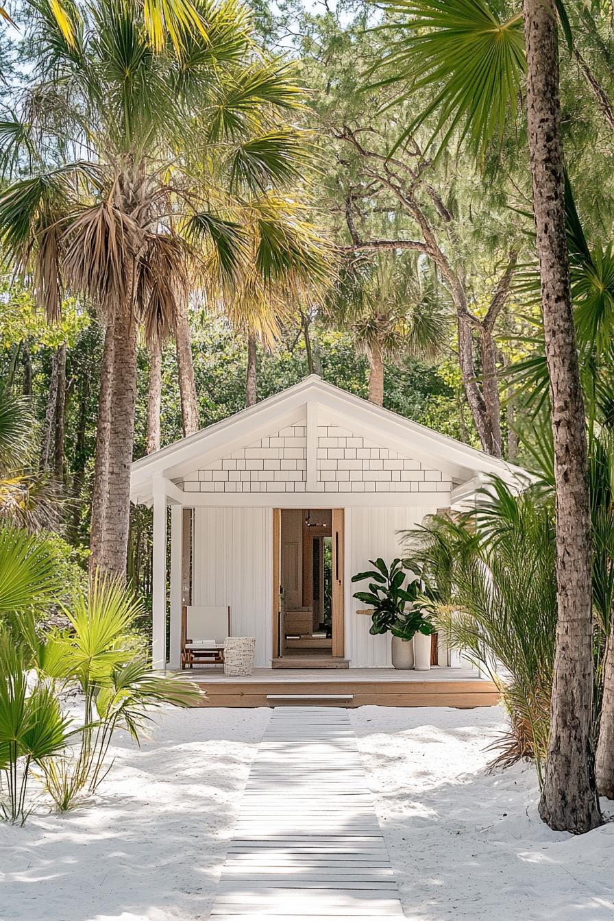 modern wooden beachfront cabin with white shiplap siding pitched roof on white sand surrounded with tropical plants and tall palms