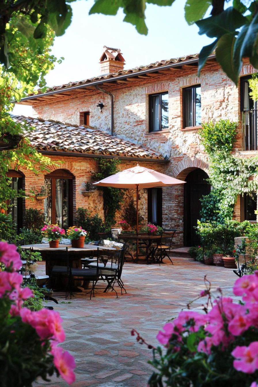 new tuscan house courtyard with flowers and dining area 2