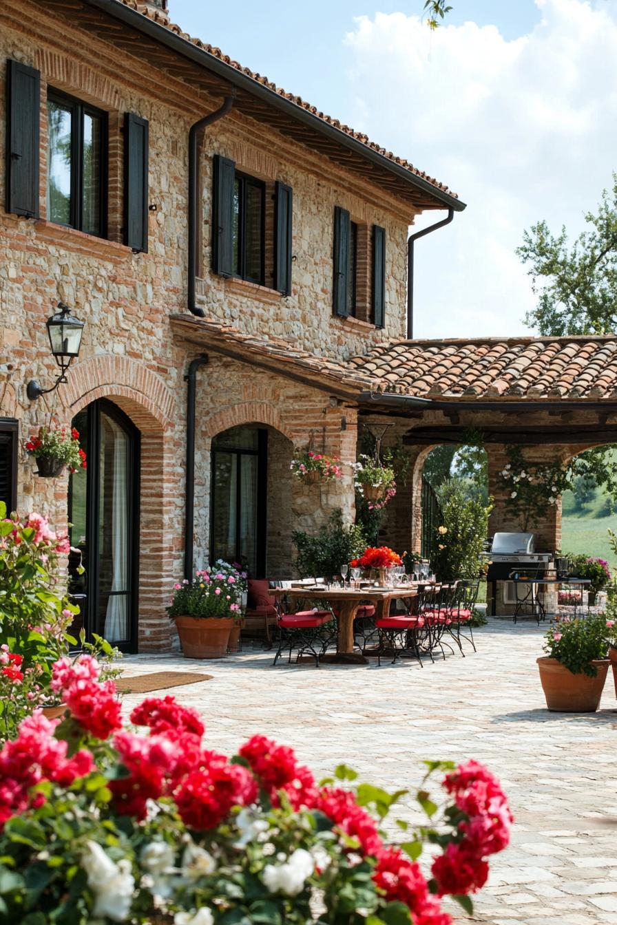 new tuscan house courtyard with flowers and dining area 3