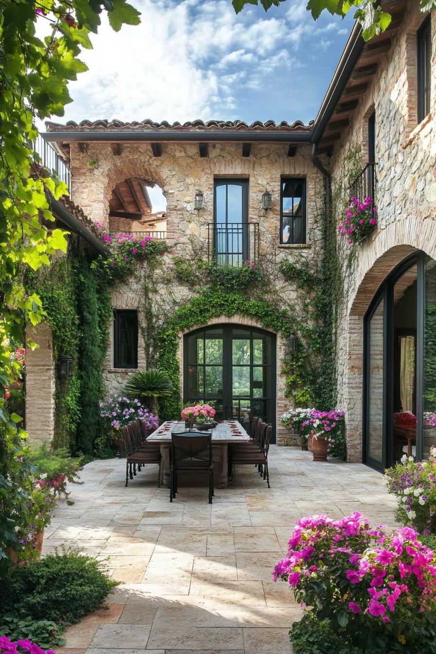 new tuscan house courtyard with flowers and dining area