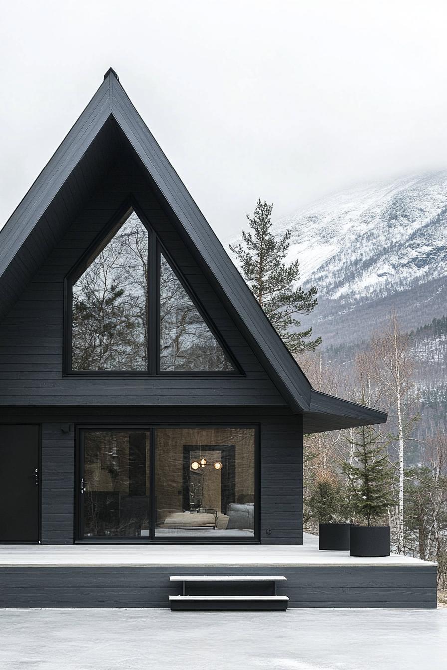 nordic house with geometric a frame roof white roof trim full wall glass windows black siding entry wooden siding wall concrete porch 1