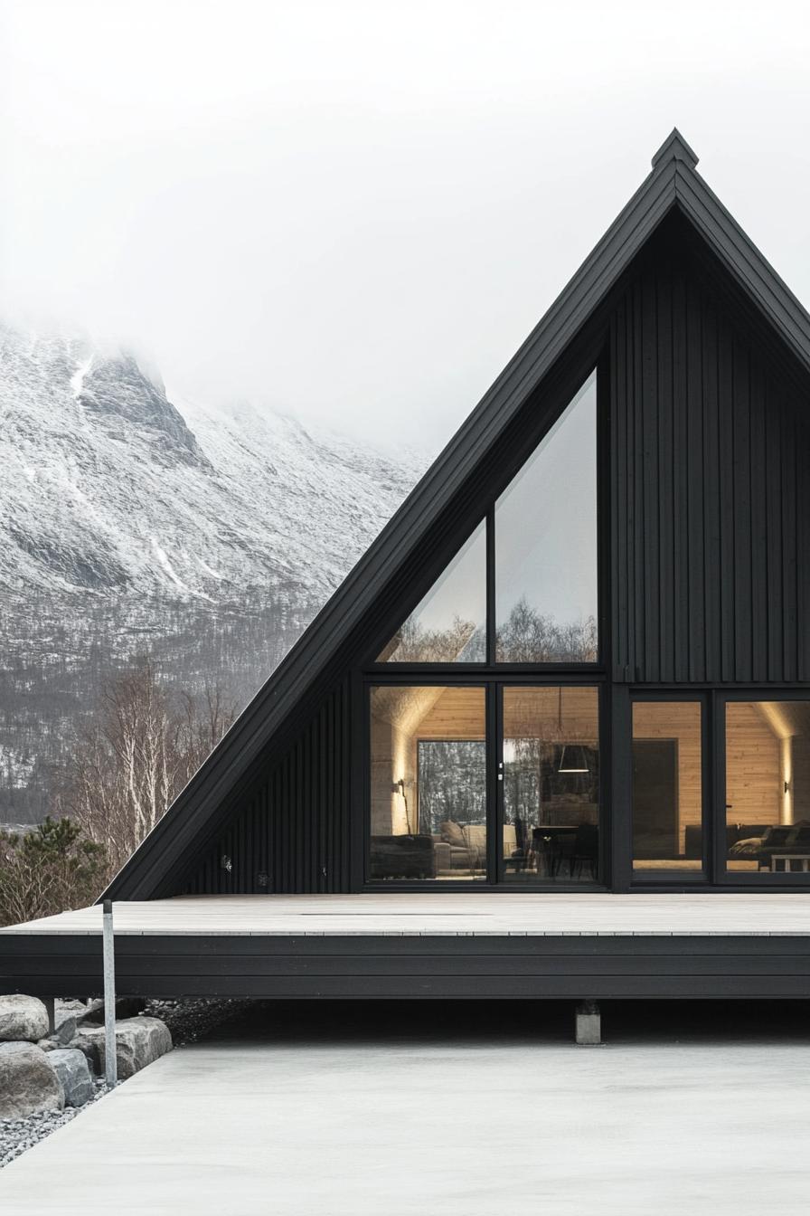 nordic house with geometric a frame roof white roof trim full wall glass windows black siding entry wooden siding wall concrete porch 2