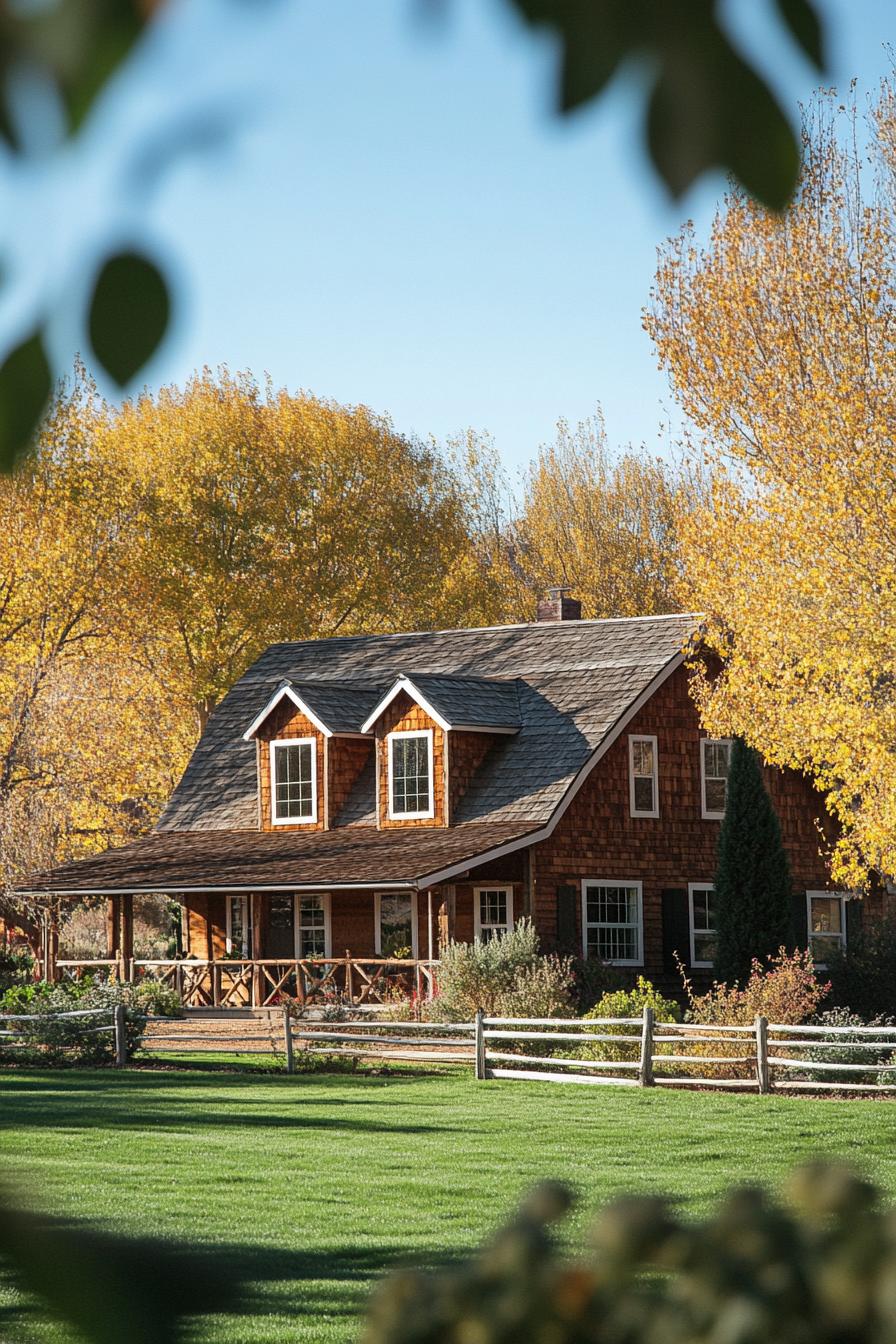 one story ranch house rustic siding roof with gambrel ranch fields trees