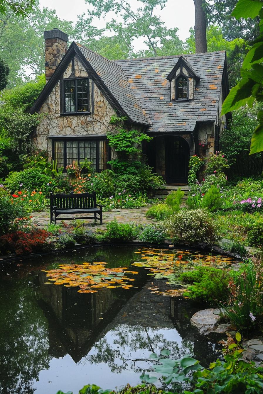 tudor style tiny cottage with lush garden a pond a bench in front of the pond