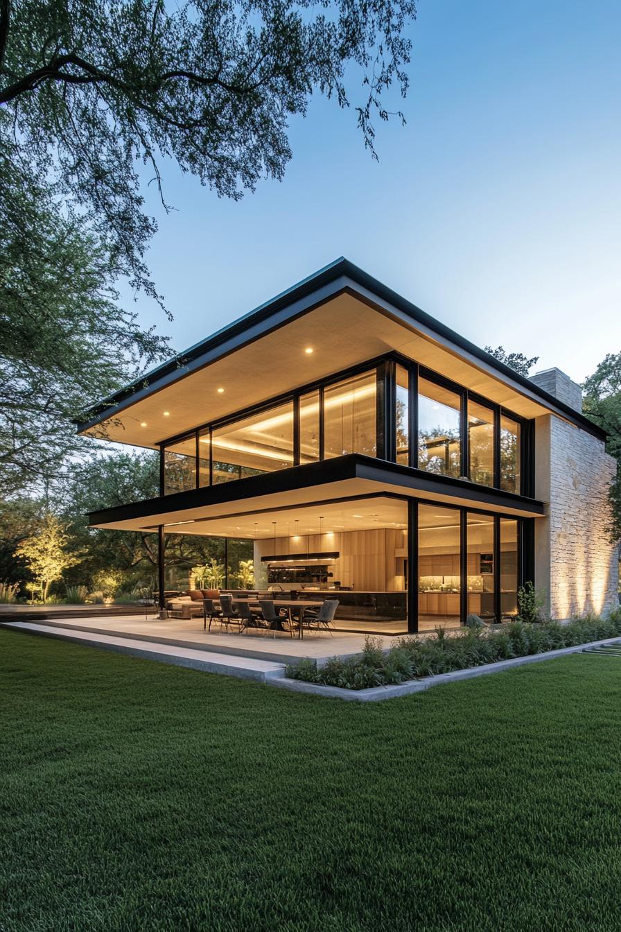 The house features a flat roofed two story design with expansive floor to ceiling glass walls that create a seamless connection between the interior