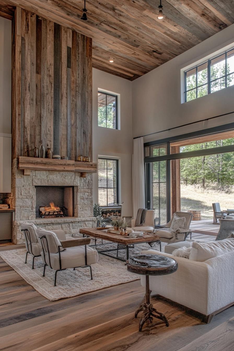 barndominium interior with stone fireplace rustic and modern elements 1