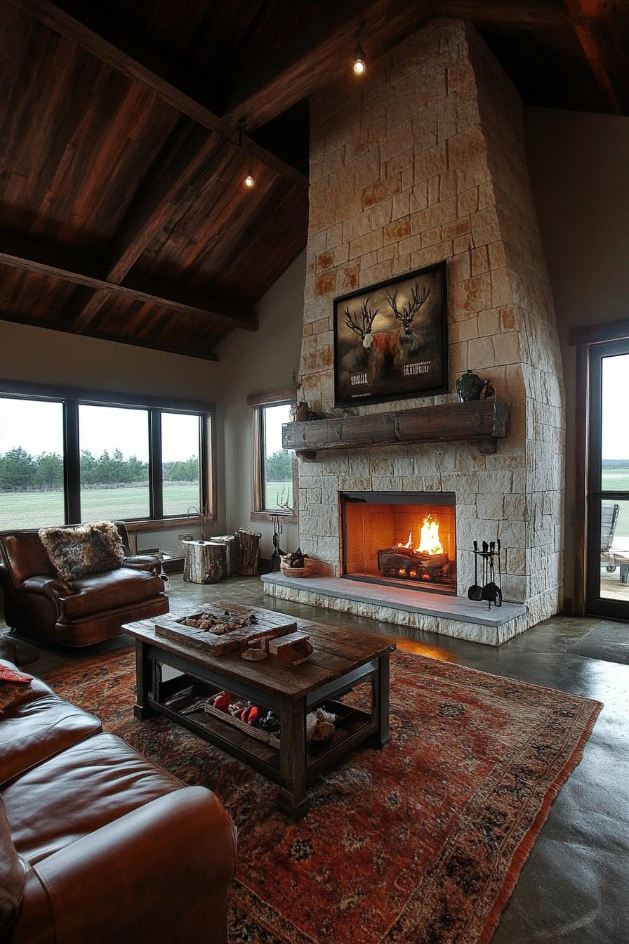 barndominium interior with stone fireplace rustic and modern elements