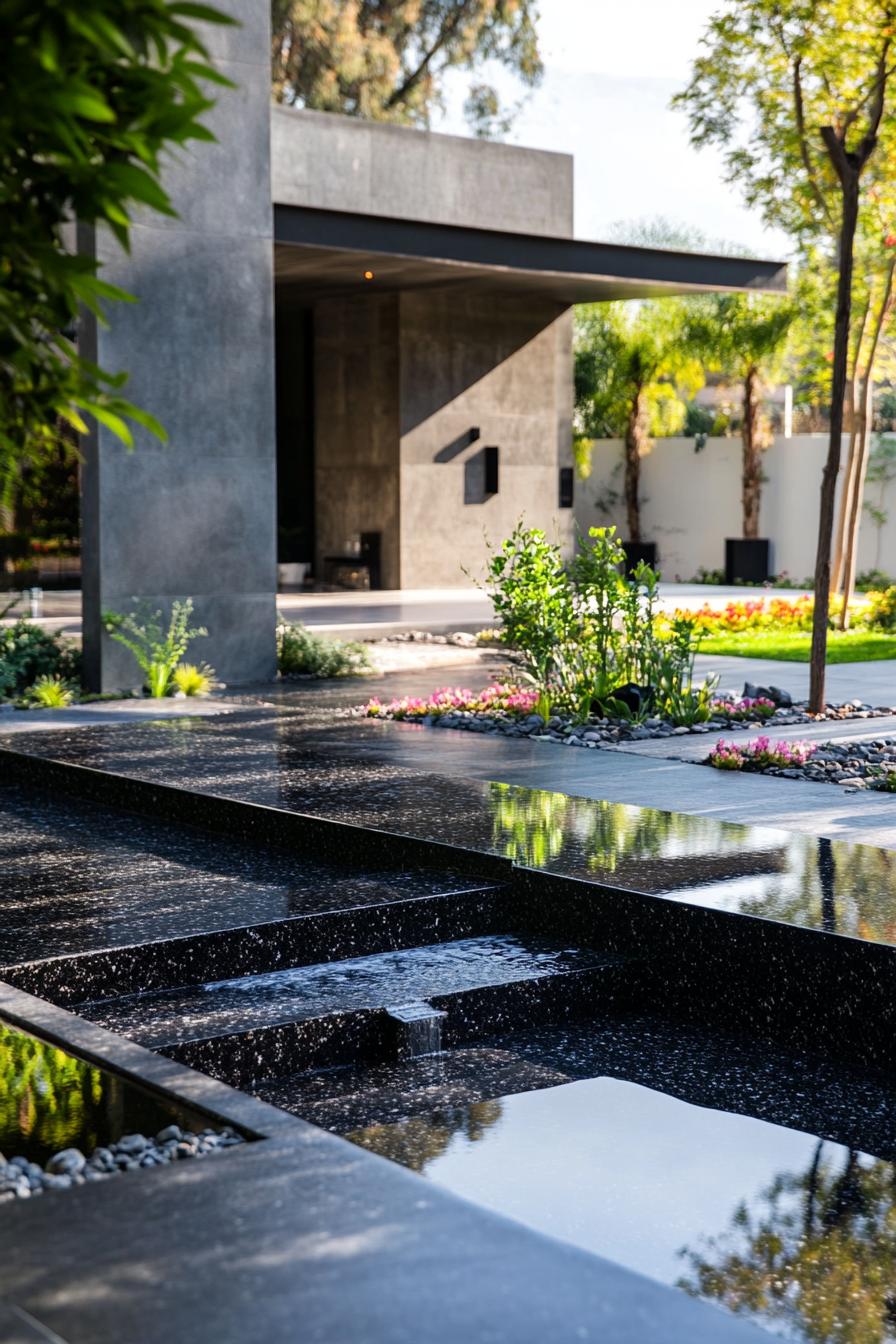 black marble geometric villa courtyard with zen garden 1