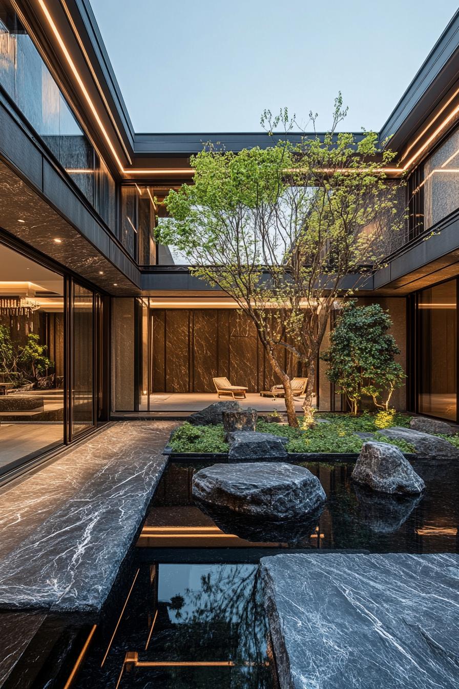 black marble geometric villa courtyard with zen garden 2