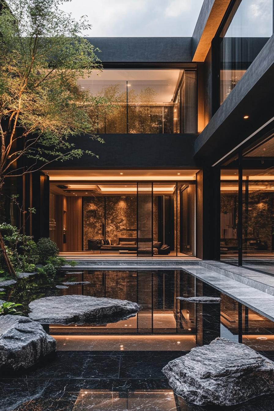 black marble geometric villa courtyard with zen garden 3