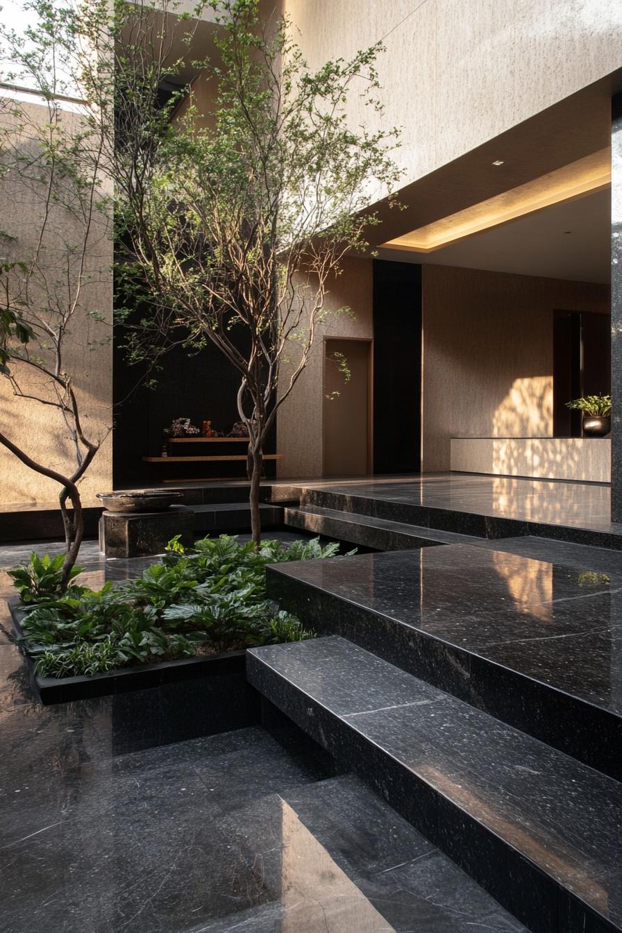 black marble geometric villa courtyard with zen garden